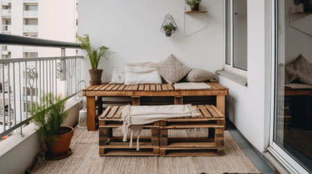 A balcony with a wooden bench and pillows. Generative AI image.の素材