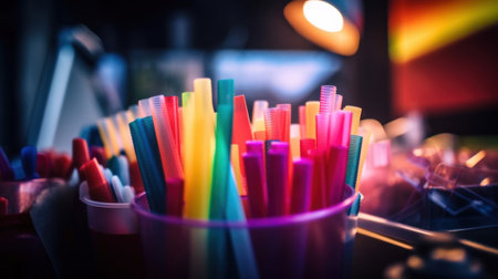 A cup filled with lots of different colored straws. Generative AI image.の素材