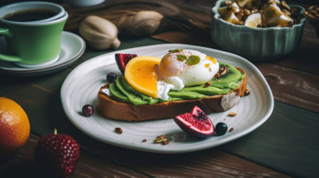 A white plate topped with an avocado and a fried egg. Generative AI image.の素材