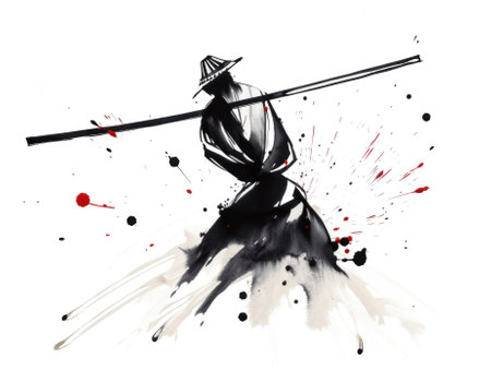 A man in a black and white outfit holding a samurai sword. Generative AI image.の素材