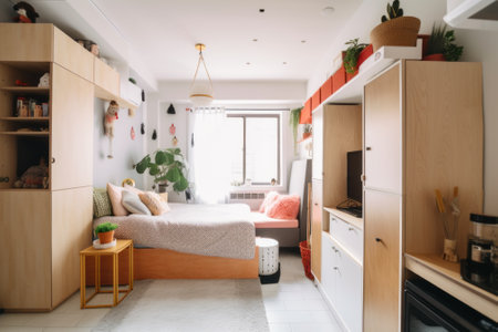 A bedroom with a bed, cupboards and a television. Generative AI image.の素材