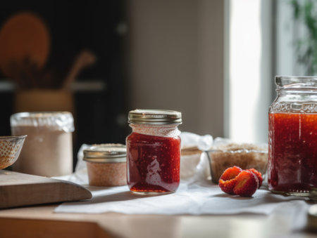 A table topped with jars of jam next to a bowl of strawberries. Generative AI image.の素材