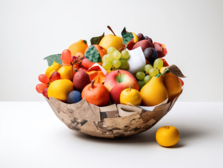 A wooden bowl filled with lots of different types of fruit. Generative AI image.の素材