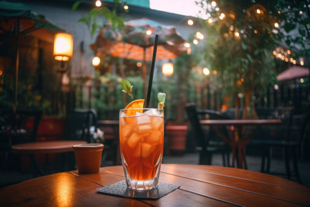 A drink sitting on top of a wooden table. Generative AI image.の素材