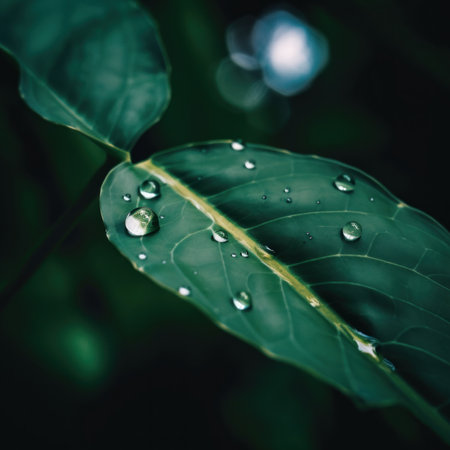 A green leaf with water droplets on it. Generative AI image.の素材