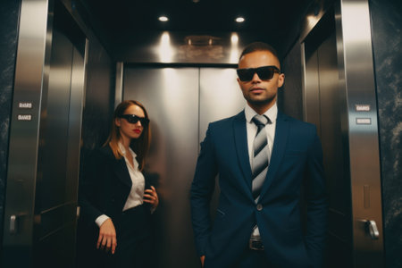 A man and a woman standing in an elevator. Generative AI image.の素材