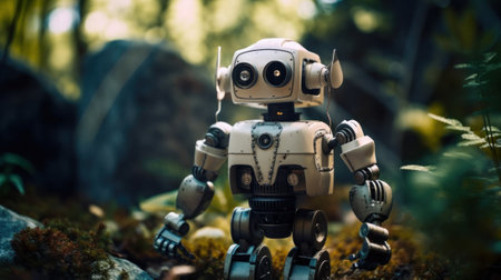 A toy robot is standing in the woods. Generative AI image.の素材