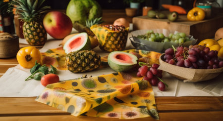 Usecase of multiuse beeswax food wraps, a table topped with lots of different types of fruit. Generative AI image.の素材