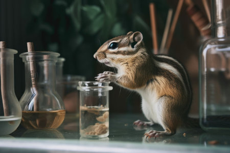 A small chipmunt standing on a counter next to a glass jar. Generative AI image.の素材