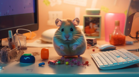 A hamster sitting on top of a desk next to a computer. Generative AI image.の素材