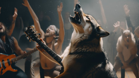 A dog sitting on the ground with a guitar in front of him. Generative AI image.の素材