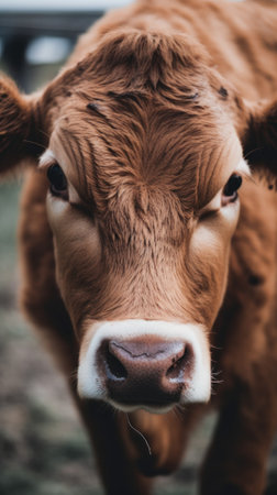 A close up of a brown cows face. Generative AI image.の素材