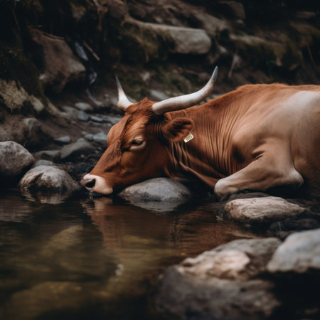 A brown cow laying on top of a rock next to a body of water. Generative AI image.の素材