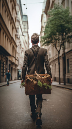 A man walking down a street carrying a suitcase. Generative AI image.の素材