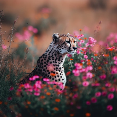 A cheetah sitting in a field of flowers. Generative AI image.の素材