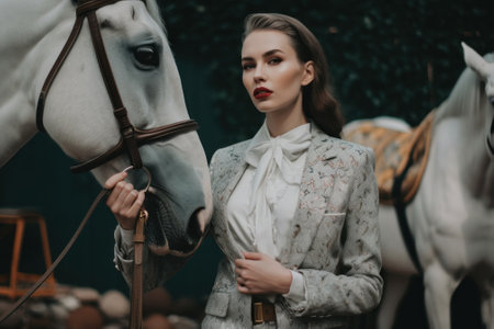 A woman standing next to a white horse. Generative AI image.の素材