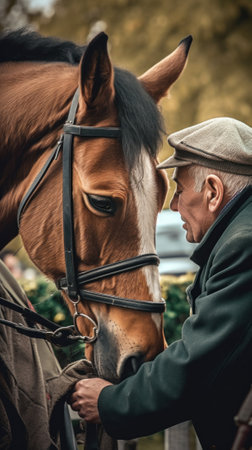 An older man is petting a horse. Generative AI image.の素材