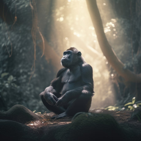A gorilla sitting on a rock in a forest. Generative AI image.の素材