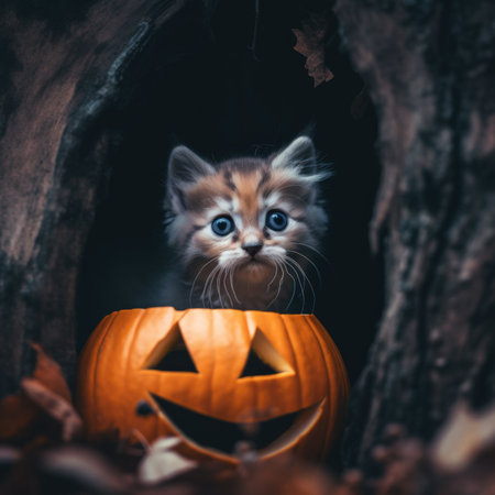 A kitten sitting inside of a carved pumpkin. Generative AI image.の素材