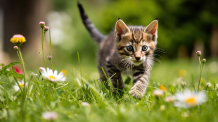 A small kitten walking through a field of flowers. Generative AI image.の素材