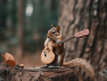 A squirrel playing a guitar on top of a tree stump. Generative AI image.の素材