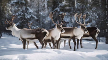 A herd of reindeer standing on top of a snow covered field. Generative AI image.の素材