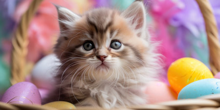 A kitten sitting in a basket with easter eggs. Generative AI image.の素材