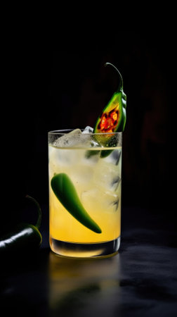 A glass filled with yellow liquid and a green chili. Generative AI image.の素材