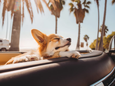 A dog laying on top of a car with palm trees in the background. Generative AI image.の素材