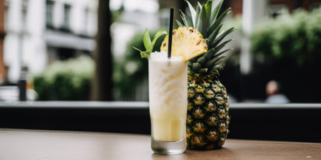A pineapple drink sitting on top of a wooden table. Generative AI image.の素材