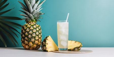 A pineapple next to a glass of pineapple juice. Generative AI image.の素材