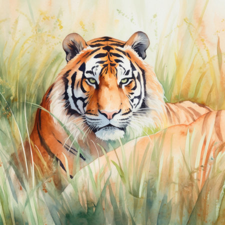 A painting of a tiger laying in the grass. Generative AI image.の素材