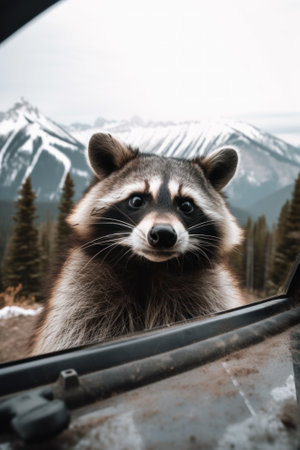A raccoon looking out the window of a car. Generative AI image.の素材