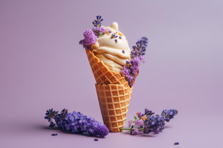 A cone of ice cream with sprinkles and lavender flowers. Generative AI image.の素材