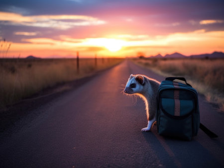 A ferret standing on the side of a road with a backpack. Generative AI image.の素材