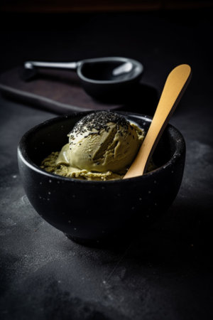 A bowl of ice cream with a spoon in it. Generative AI image.の素材