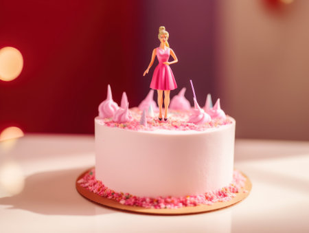A doll standing on top of a white cake. Generative AI image.の素材
