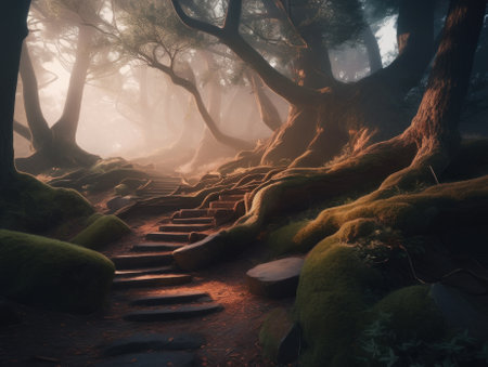 A path in the woods with moss on the ground. Generative AI image.の素材