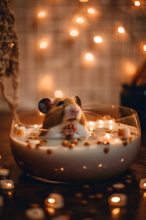 A hamster sitting in a bowl of food on a table. Generative AI image.の素材