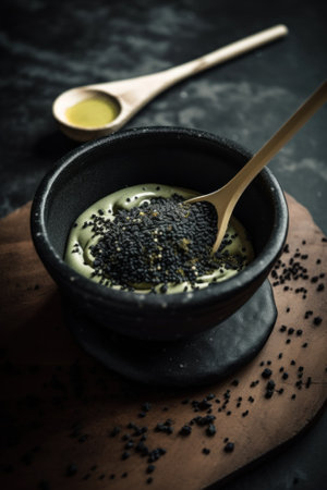 A bowl of black sesame seeds with a wooden spoon. Generative AI image.の素材