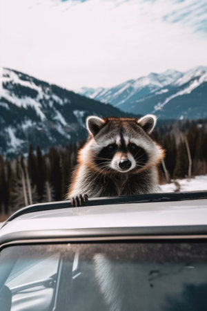 A raccoon standing on top of a car in the snow. Generative AI image.の素材