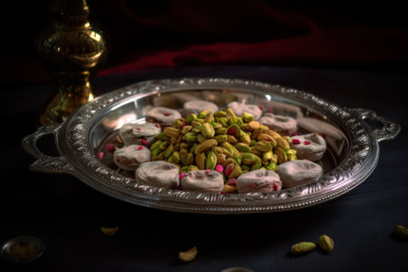 A silver platter filled with nuts and pistas. Generative AI image.の素材