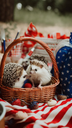 Two hedgehogs sitting in a basket on a table. Generative AI image.の素材