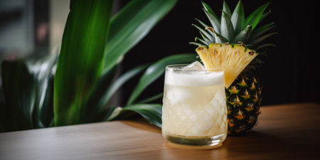 A pineapple drink in a glass next to a plant. Generative AI image.の素材