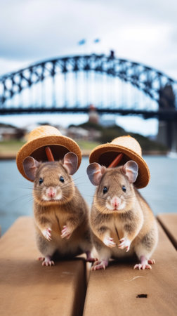 Two hamsters wearing straw hats on a dock. Generative AI image.の素材