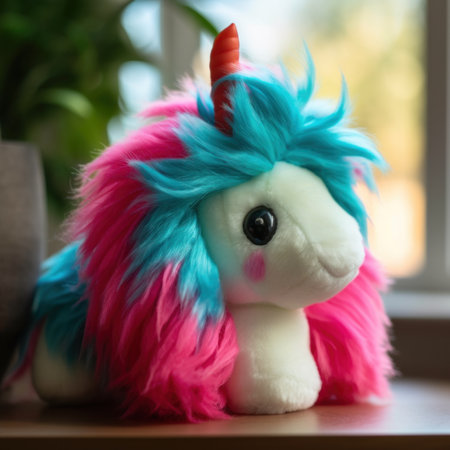 A stuffed unicorn sitting on top of a wooden table. Generative AI image.の素材