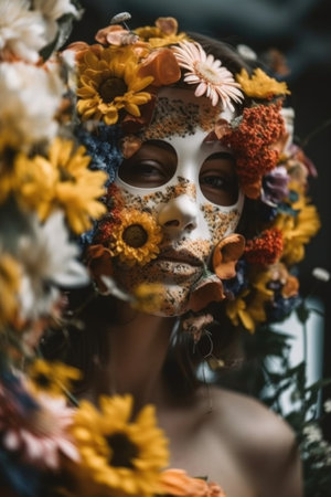 A woman with a face painted with flowers. Generative AI image.の素材