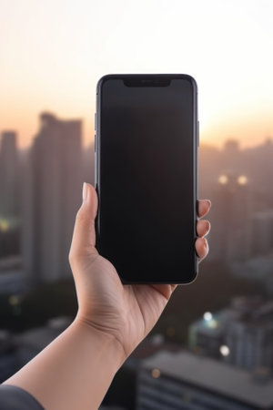 A person holding up a smart phone with a city in the background. Generative AI image.の素材