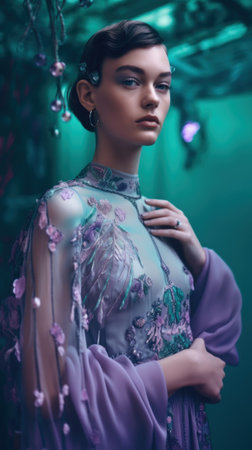 A woman in a purple dress with flowers on it. Generative AI image.の素材