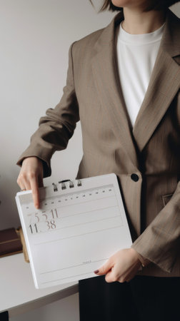 A woman in a business suit holding a clipboard. Generative AI image.の素材